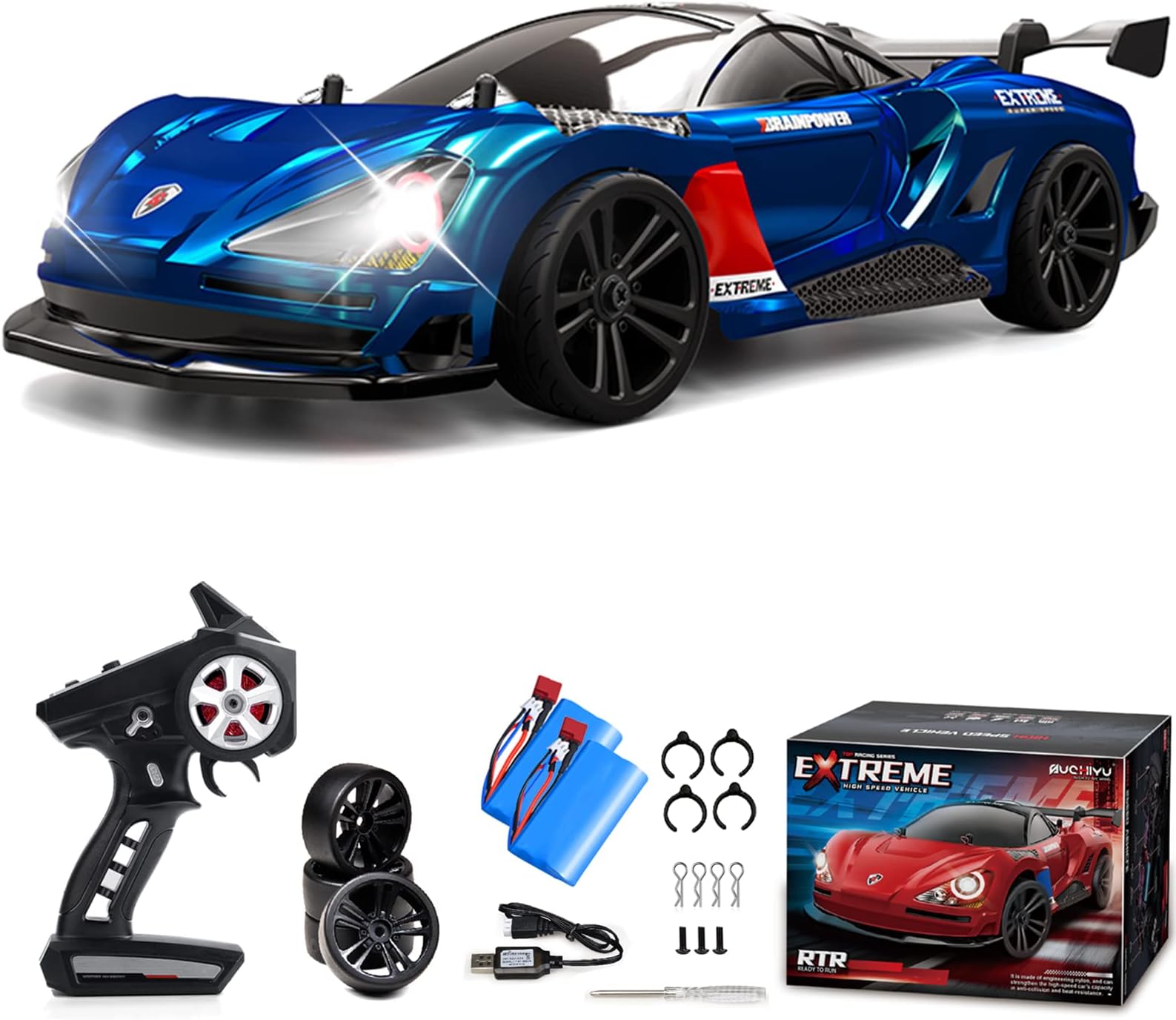 Rc Drift Car, 1:16 Drifting Car Remote Control Rechargeable High Speed Cars Toys 4Wd 2.4Ghz Full Scale Blue Racing With Led Lights Two Batteries For Boys And Adults