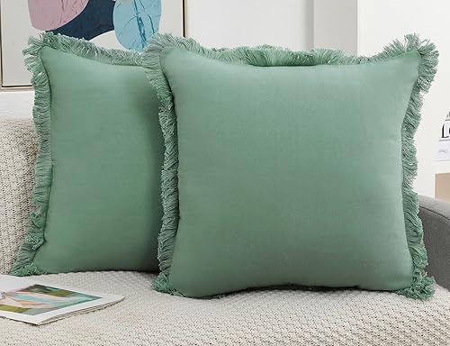 Juego de 2 fundas de almohada de lino natural con flecos, funda de almohada decorativa neutra verde salvia con borlas elegantes de arpillera bohemia