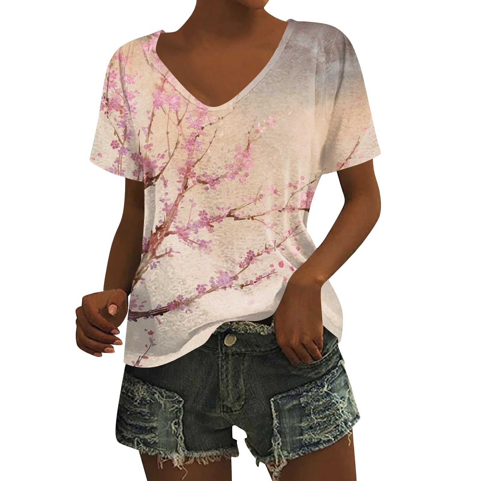 Women's Floral Tops Cute V Neck Short Sleeve Boho T Shirts Summer Casual Blouses Graphic Tees for Women Trendy 2023