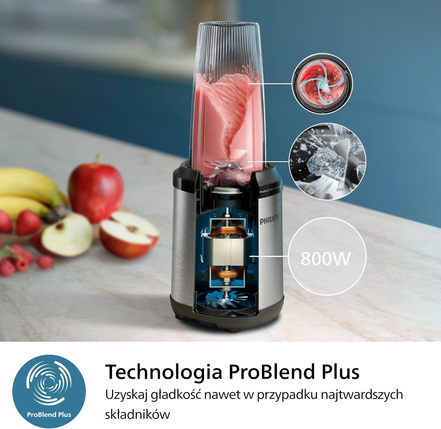 Philips Blender z serii 5000 – o mocy 800 W, Technologia ProBlend Plus, Odłączane ostrza, Łatwy do czyszczenia Elegancki i kompaktowy design, Duży kielich, Czarny i stal nierdzewna (HR2764/00)