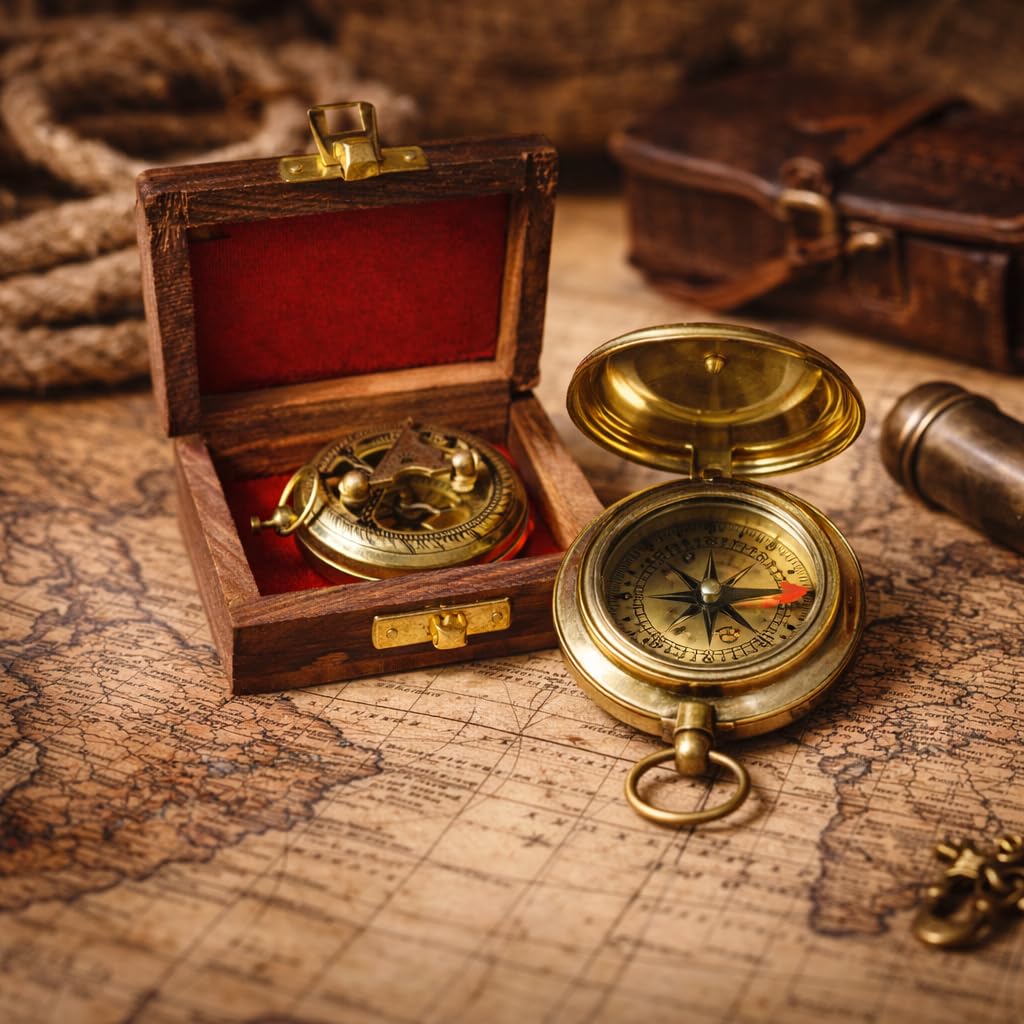 Vintage Brass Pocket Compass with Wooden Box – Antique Nautical Direction Finder, Handmade Marine Navigation Tool, Travel & Adventure Gift for Men (Vintage)-image-13