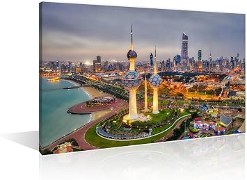 Wall Art for Living Room US City Skylines Picture Canvas Wall Art Kuwait Tower City Landscape at Night Painting Print Artwork for Bedroom Giclee Gallery-Wrapped Posters and Prints 16"Wx24"H