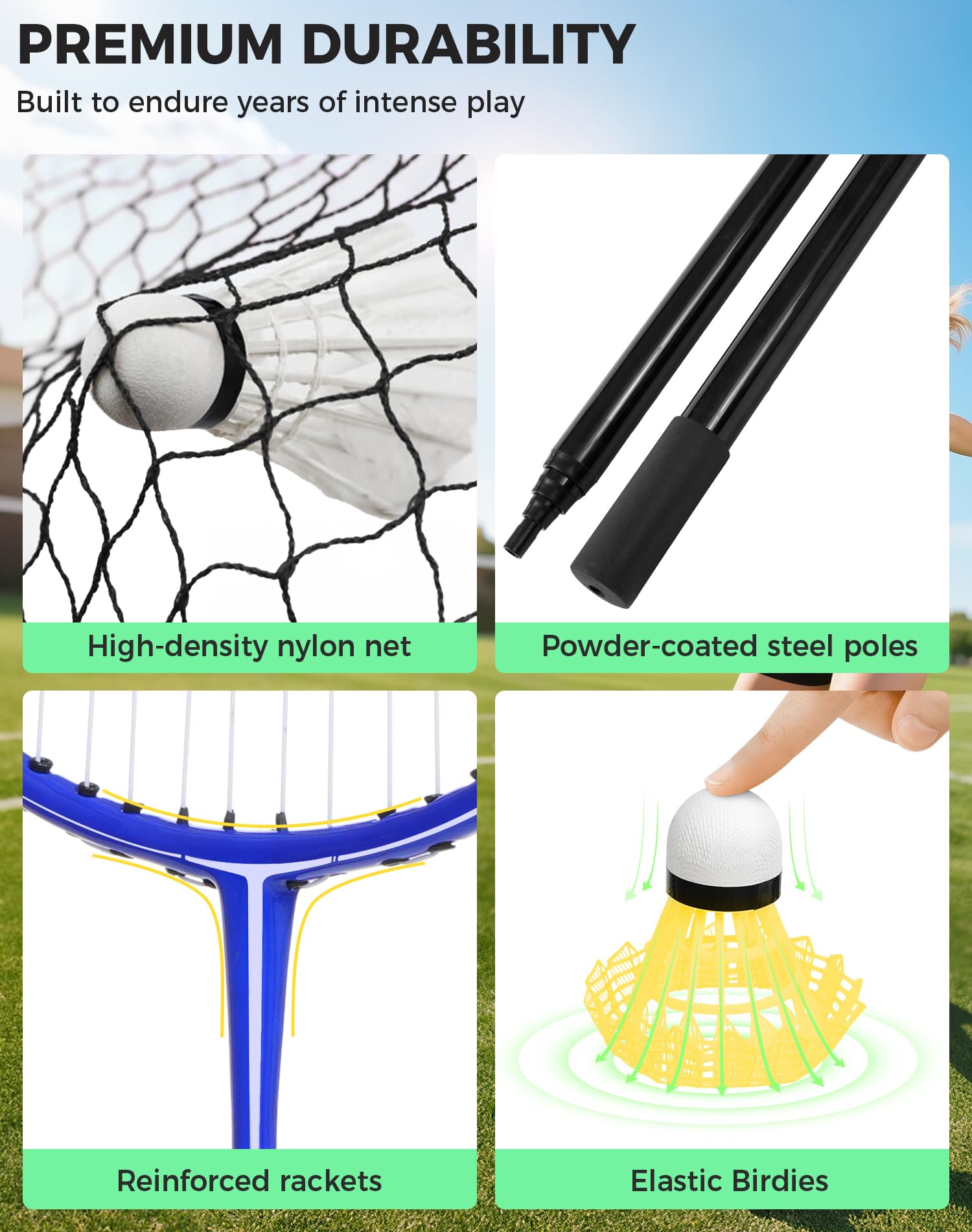BAGAIL Conjunto de Red de bádminton portátil - Bolsa de Almacenamiento - Base autónoma - Instalación rápida - Red de bádminton con 4 Raquetas y 4 Volantes para Jugar en Interiores y Exteriores - 4