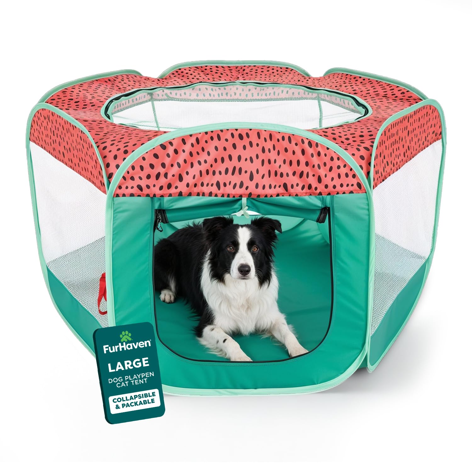 FurHaven Portable Dog and Cat Playpen, Folding Playpen with Mesh Sides, Pop Up Travel Dog Pen, Large, Green and Pink