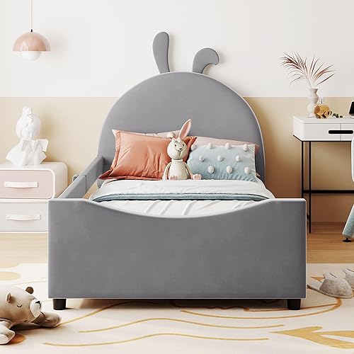 Miniatura 7 de Marco tapizado de cama individual para niños con bonita cabecera de dibujos animados, cama de plataforma doble de madera para niñas y niños