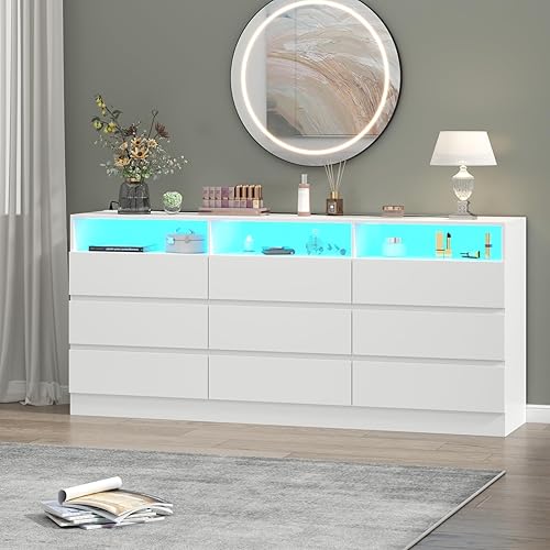 9 Drawer Double Dresser with Power Outlet, Accent Chests of Drawers with LED Light, Modern White Storage Dresser with Charging Station (Mirror Not Included) (9 Drawers-White)
