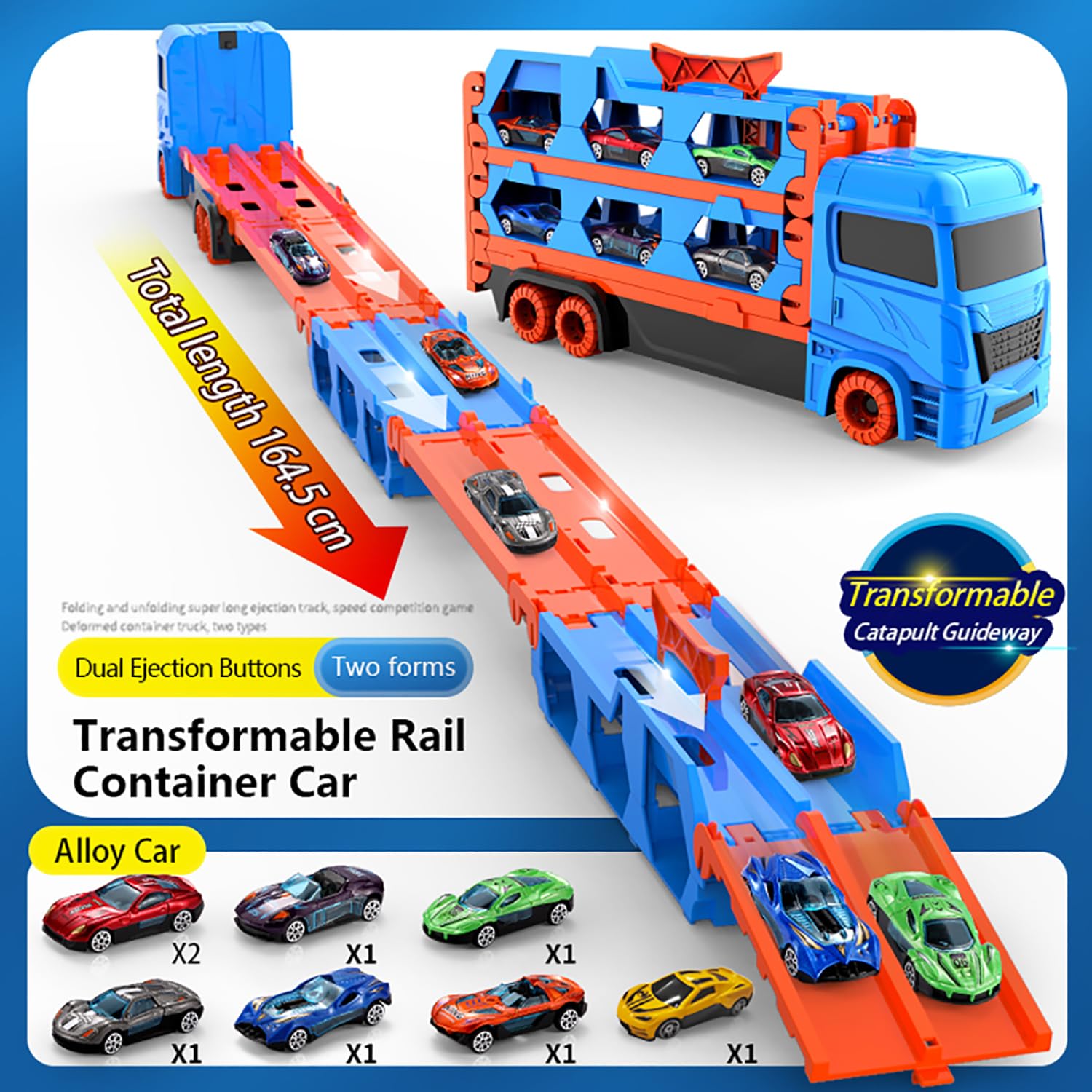 Camion Jouet avec 8 Voitures,Voiture Jouet pour Enfants de 3,4,5,6,7,8+Ans,Garage,Camion de Transporteur Portable et Pliable avec Circuit de Course de 61 Pouces,Cadeau d'anniversaire Noël pour Garçons