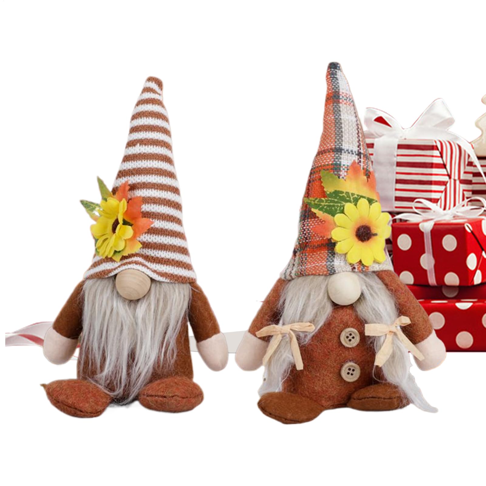 Figuras de enano de otoño para compartir la gratitud familiar en la repisa interior