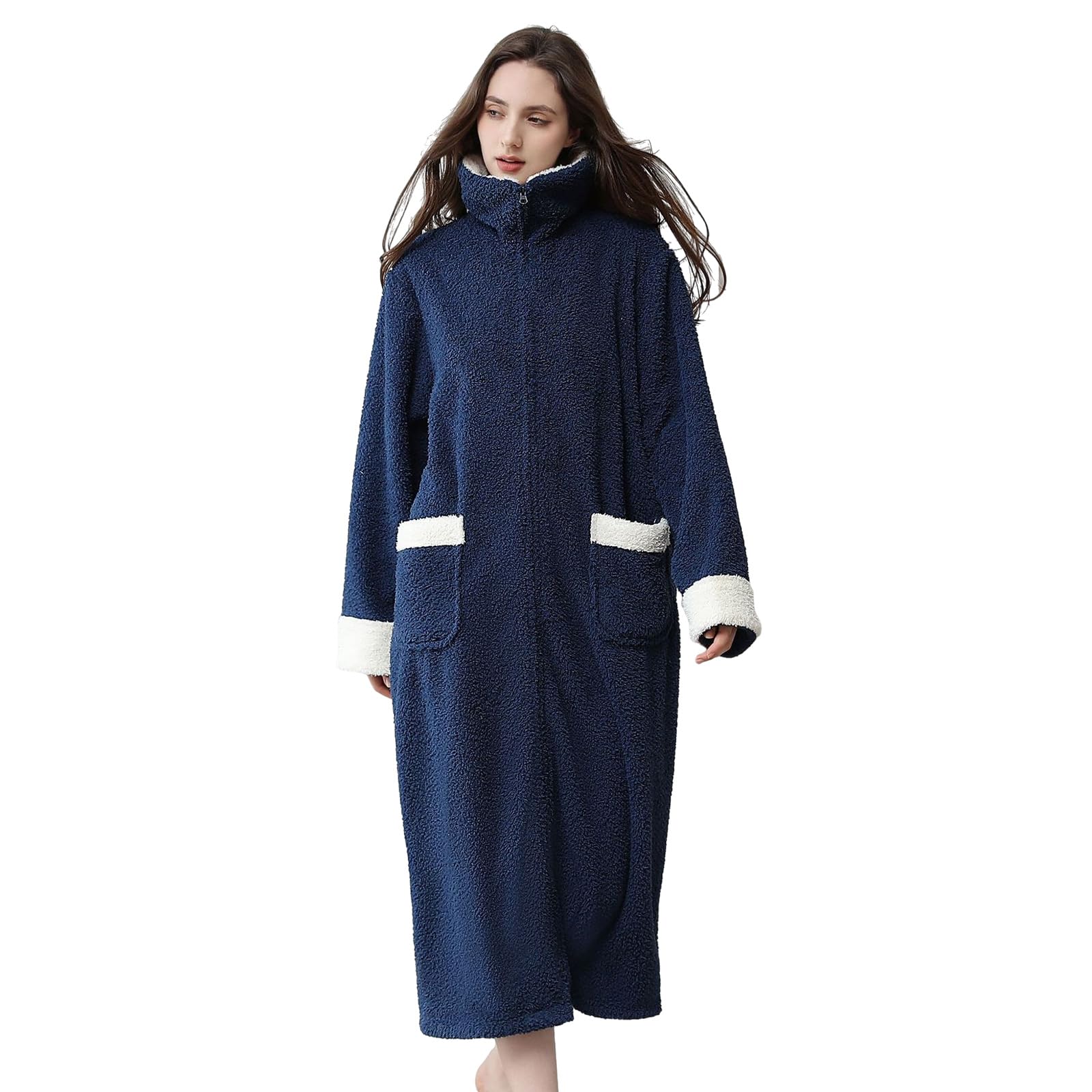 Batas de felpa con cuello delantero con, Navy blue M