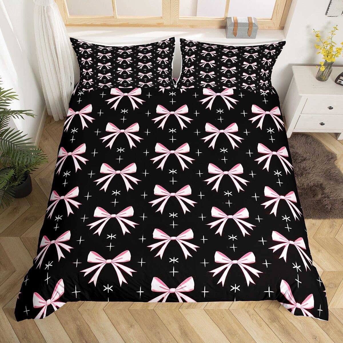 Homemissing Pink Black Bowknot Bedding Set Single Size