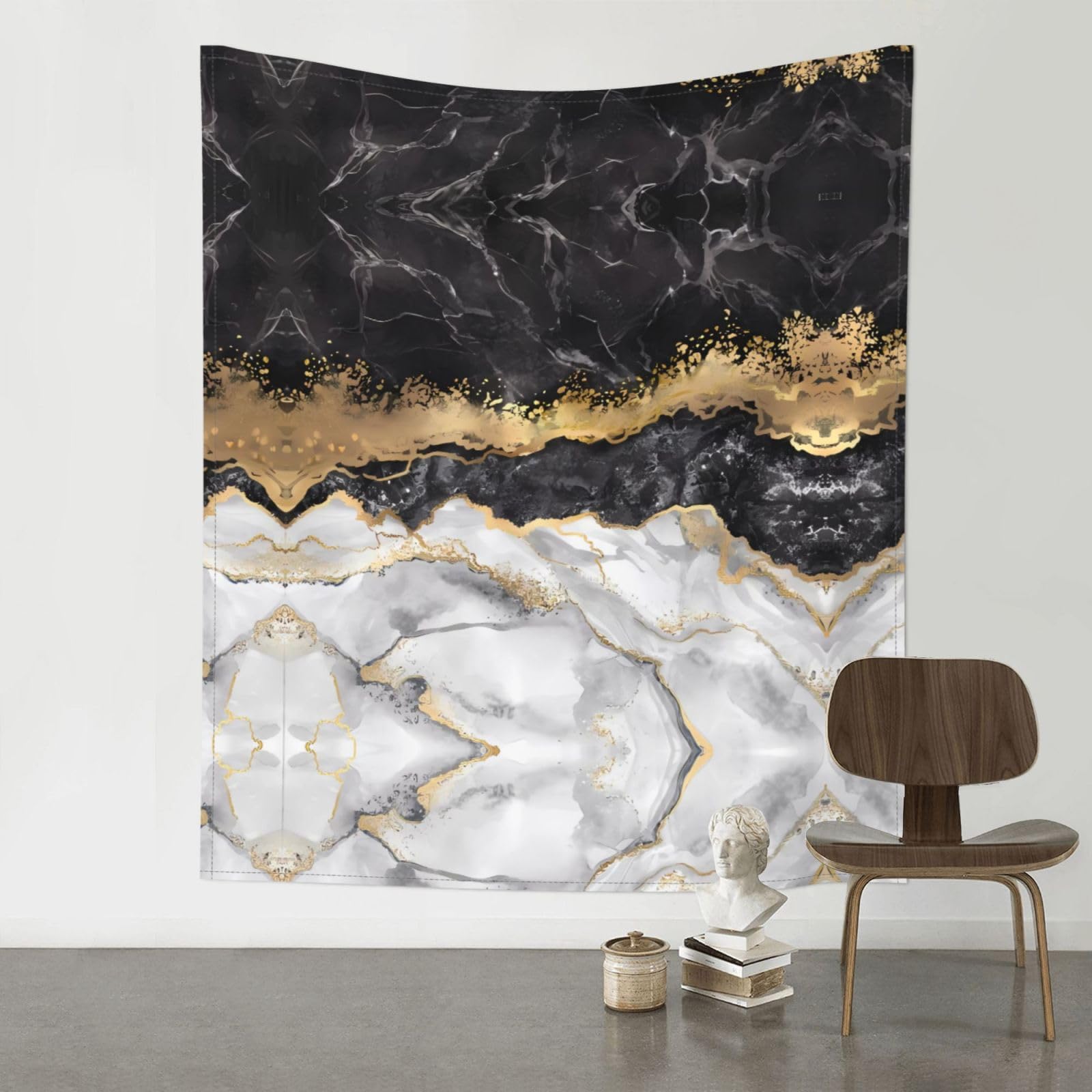 WHJSHOP Black White Gold Foil Marble Prints Original Wall Tapestry 60x51in – Boho Throw Blanket for Dorm Decor, Beach Picnic, & Bedroom Layering