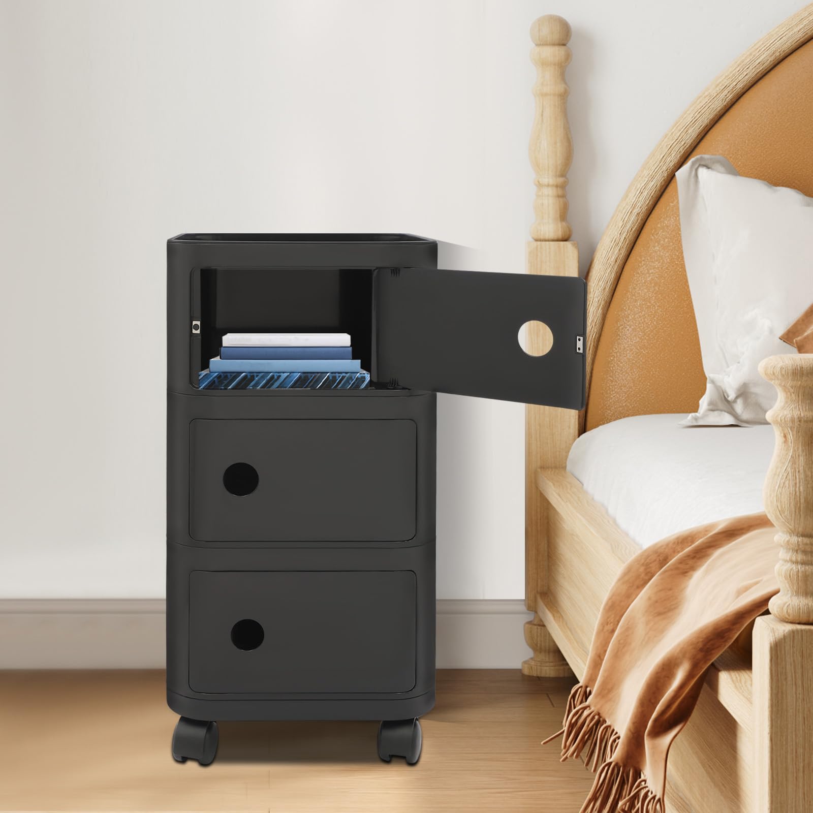 Mesita de noche con 3 cajones, mesita de noche con una plataforma superior y tres compartimentos, mesa auxiliar móvil con puertas, para dormitorio, sala de estar, estudio (negro)