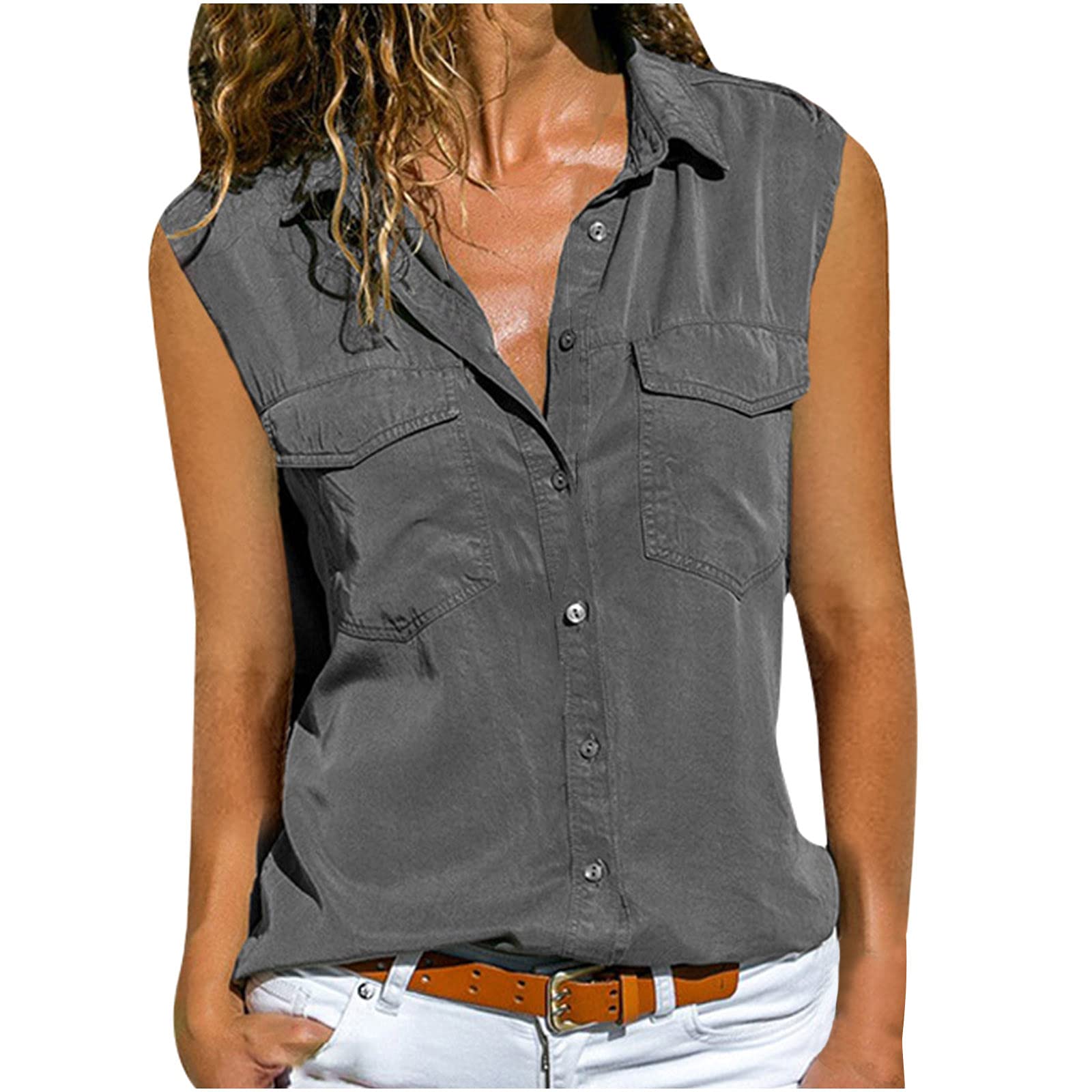 Camisa sin Manga Mujer Verano Moda Color sólido Chaleco Blusa Camisola Elegante Camisetas de Tirantes Ligero Transpirable Tank Tops Cuello en V Botones Fiesta Oficina Camisa Suelto tee
