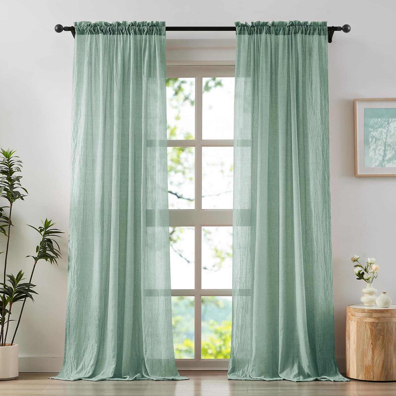 Anpark Mint Green Sheer Curtains 84 Inches Long for Living Room, Bedroom Cotton Linen Textured Soft Light Filtering Crinkle Sheer Drapes Natural Rod