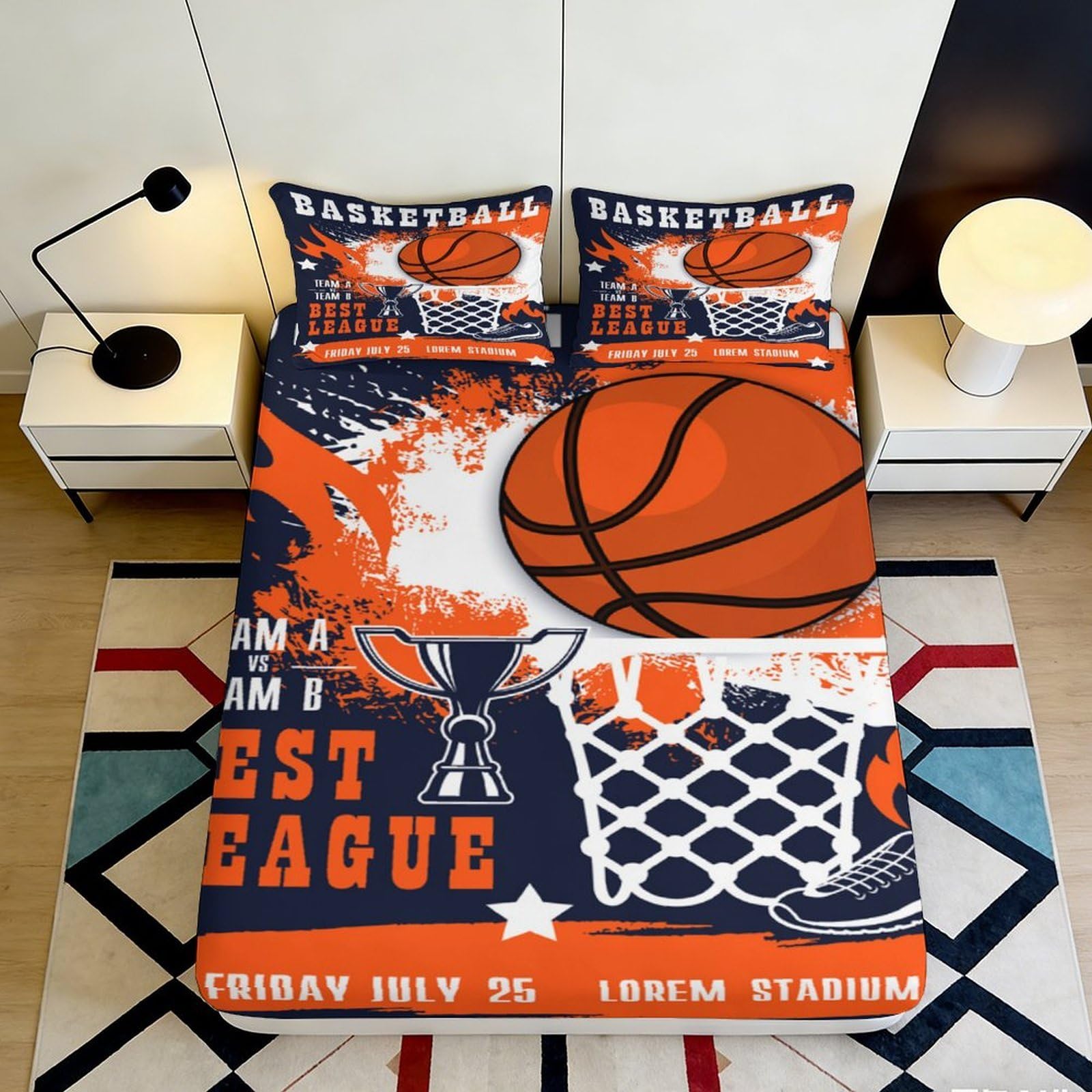 3D Printed Basketball Trophy Fitted Sheet Microfiber Orange Blue Bed Cover for Bedroom Dorm Mattress Protection 90x200x25cm