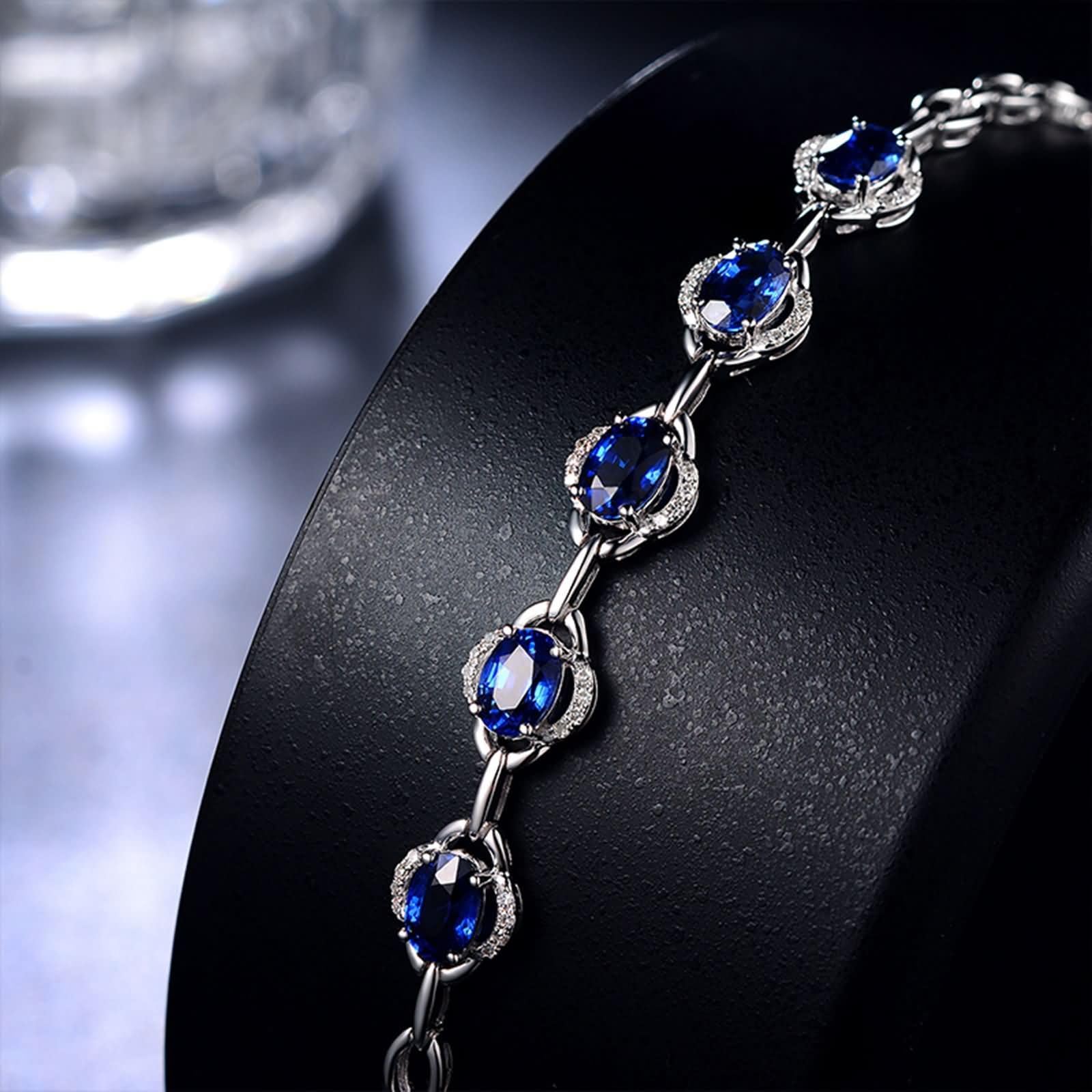 Pulsera de Mujer Oro Blanco 9Kilates / 14Kilates / 18Kilates, Oval con Zafiro y Diamante, Cadena Extensible 16 CM + 5 CM, Pulseras de Plata Azul de Mujer Ajustable