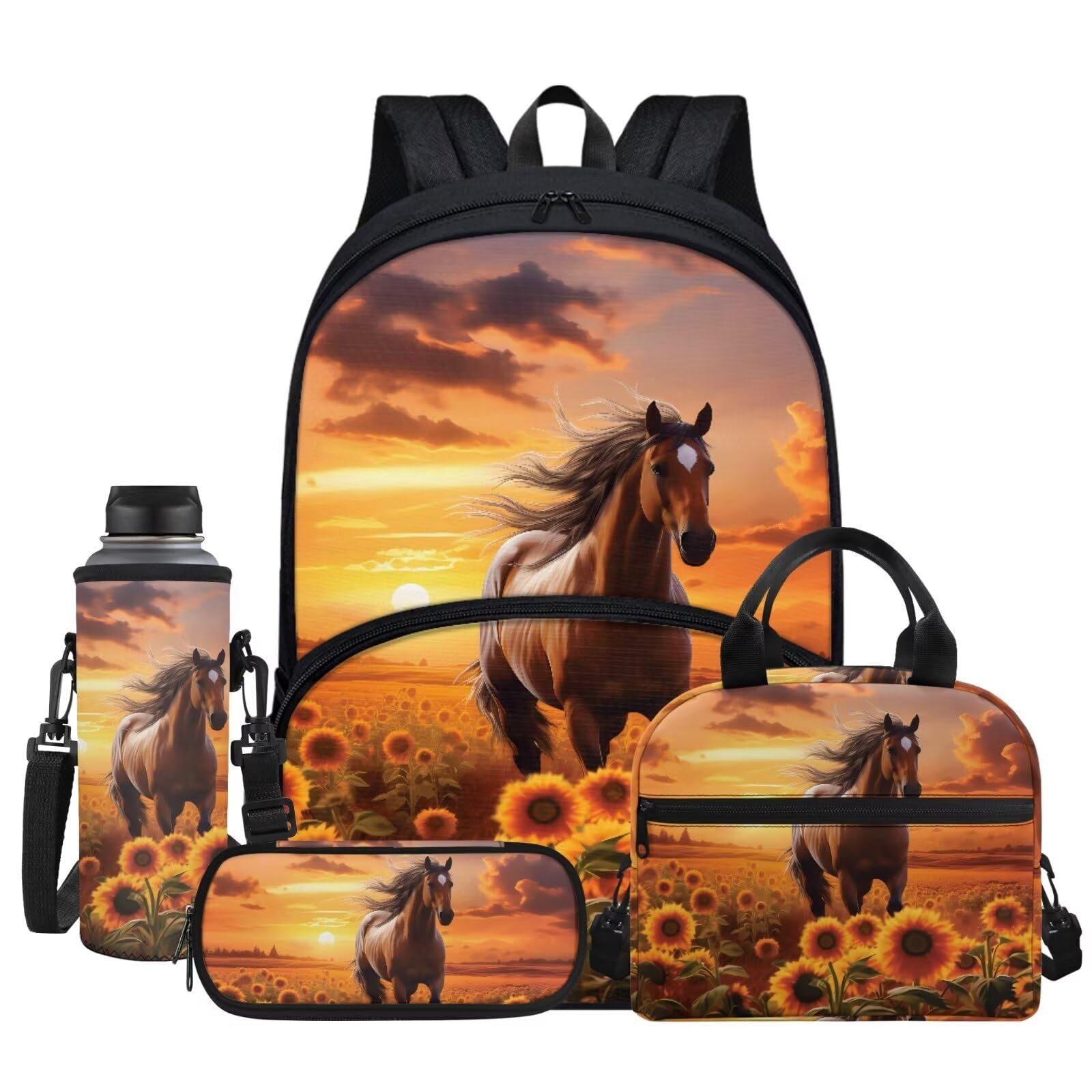 Jndtueit Brown Horse Sunflower Sunset Student Schoolbag Big Capacity Book Bags Laptop Backpack for Kids Girls Boys Pencil Case Lunch Bag Water Cup