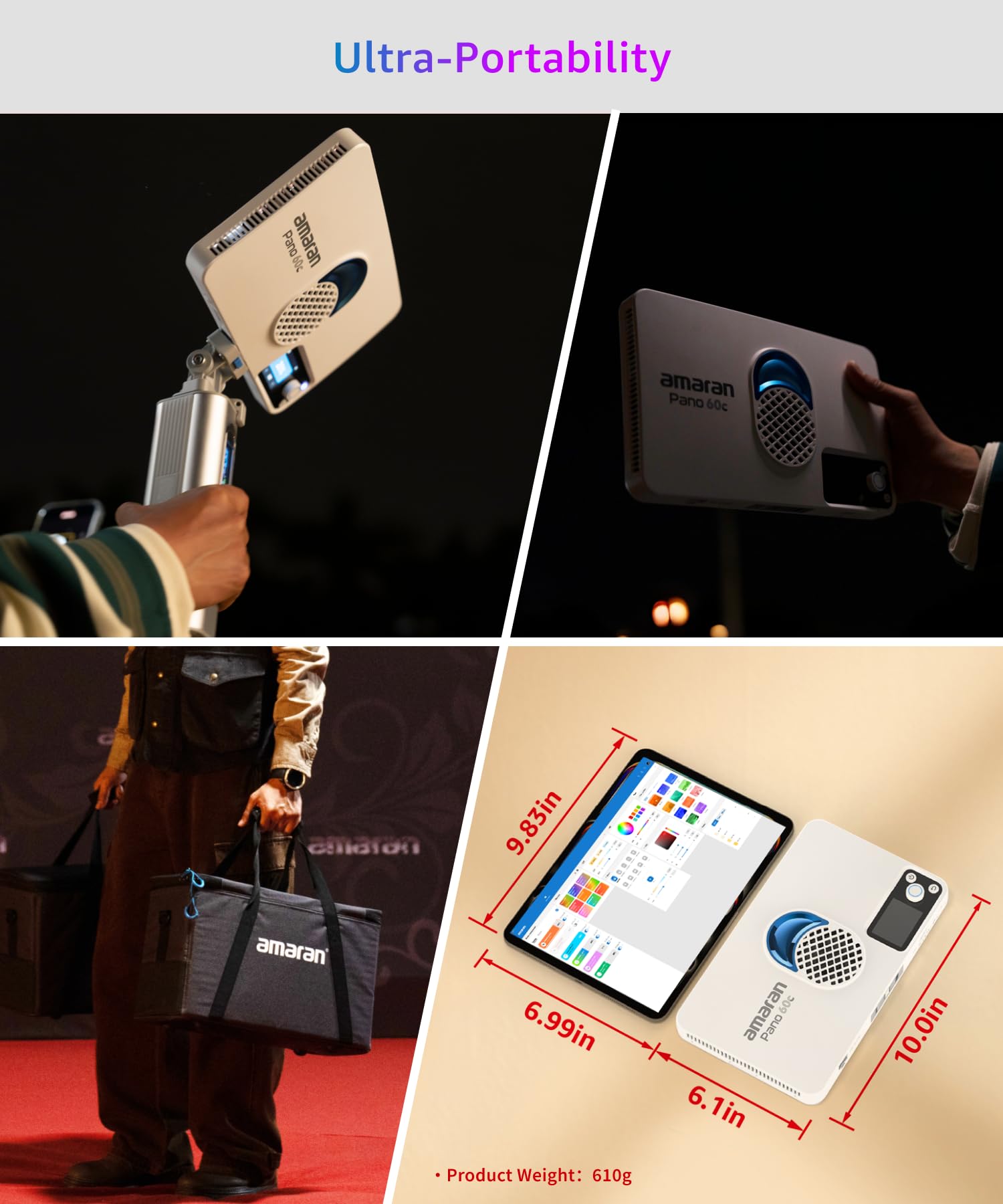 amaran Pano 60c 2-Light Kit 60W RGBWW, 22.220 Lux @ 0.5m, alimentato da USB-C PD, con Softbox, Griglie, Diffusori, Supporti e Borsa da trasporto per Fotografia e Video - Bianco