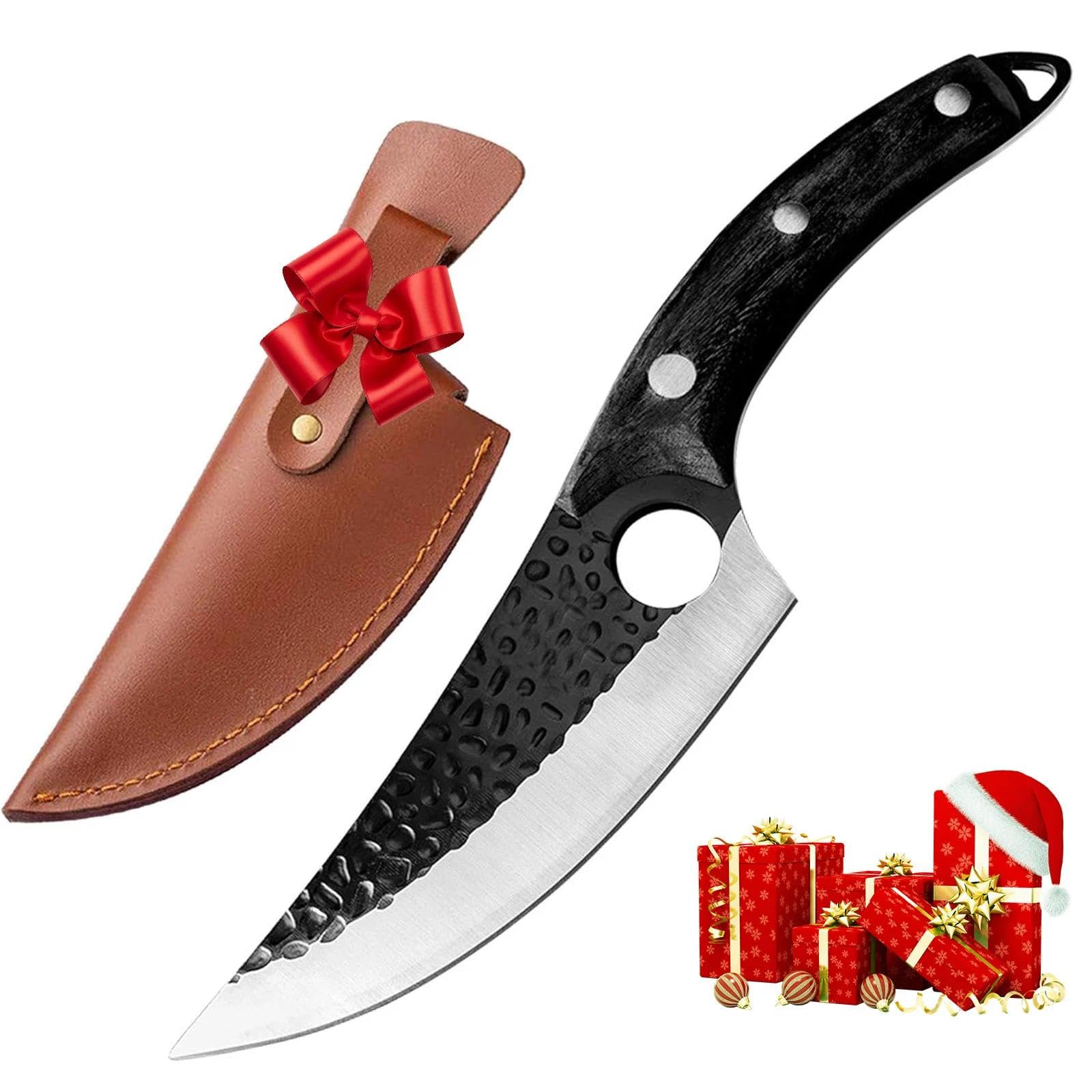 Huusk Viking Knives, Butcher Knife Black Forged Boning Knife with Sheath Japanese Fillet Meat Cleaver Knives Full Tang for Kitchen, Camping, BBQ Thanksgiving Christmas Gifts