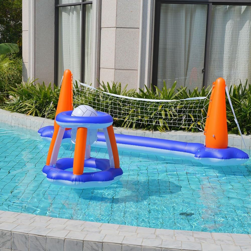 Aufblasbares Schwimmbecken-Spielset mit Volleyballnetz und Basketballkorb, robustes PVC-Wasser für Poolpartys, kindersicher nach EU-Norm, schnell aufbaubar für Kinder und Erwachsene, 120x38x30 Zoll