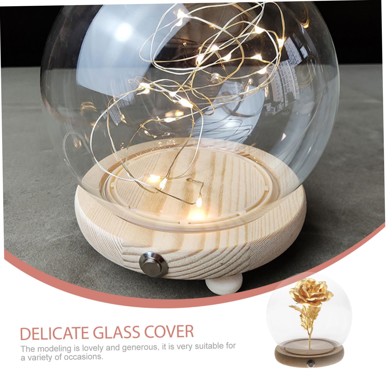 Toyvian Copertura in Vetro per Fiori Eterni con Base in Legno Naturale Cloche Decorativa Luminescente per Casa Vetrina Trasparente con Piedistallo Piatto Centro Tavola Romantico e