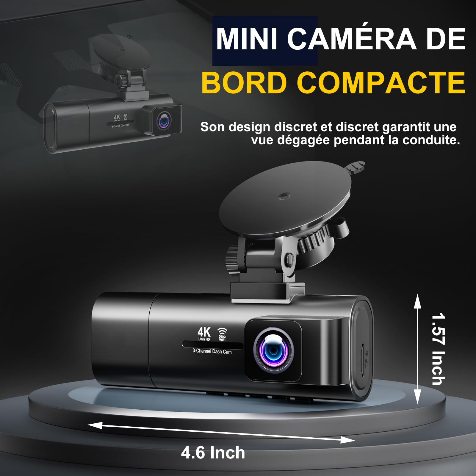 4K Dashcam Voiture, 3 canaux 4K+1080P+1080P FHD Triple Dashcam Voiture, WiFi 5 GHz, Écran IPS 3,16 Pouces,Carte 64 Go Incluse,Vision Nocturne,WDR, G-Sensor,Moniteur de Parking,Enregistrement en Boucle