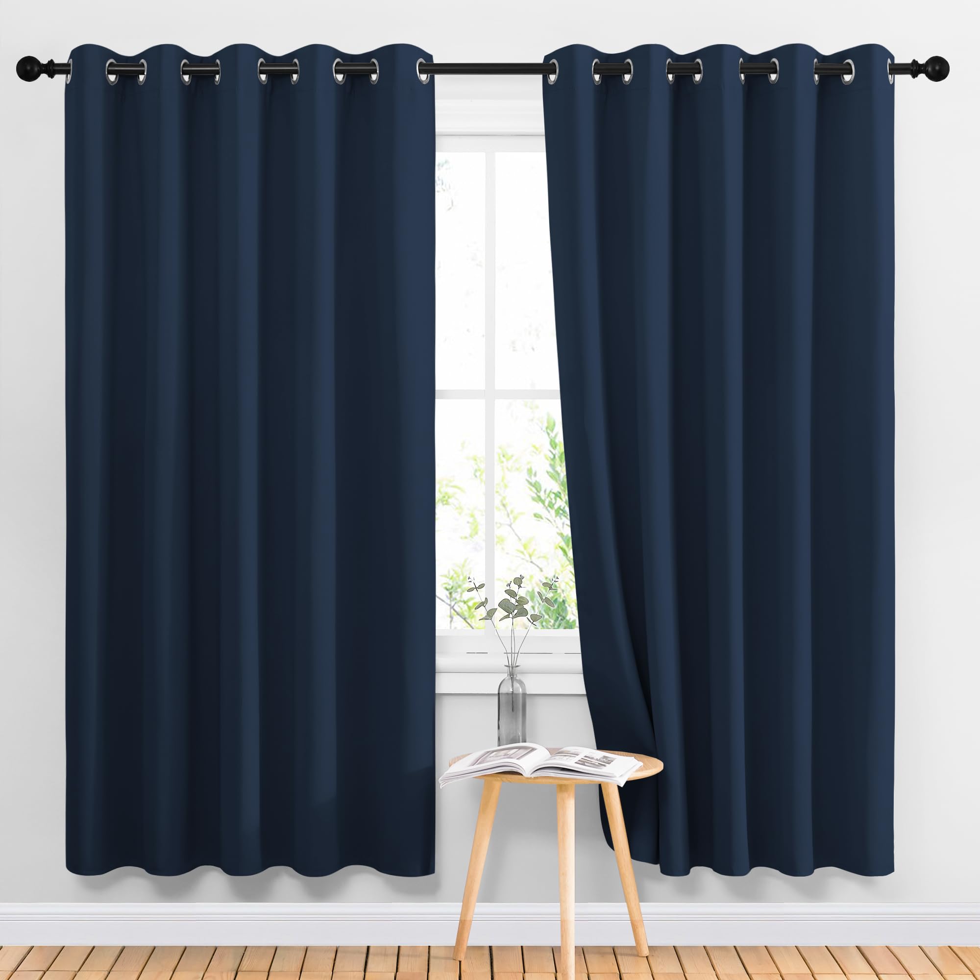 NICETOWN Blackout Curtains Panels for Living Room, 2 Panels, 66 x 70 Inch, Navy, 3 Pass Microfiber Noise Reducing Thermal Insulated Solid Ring Top Blackout Window Drapes