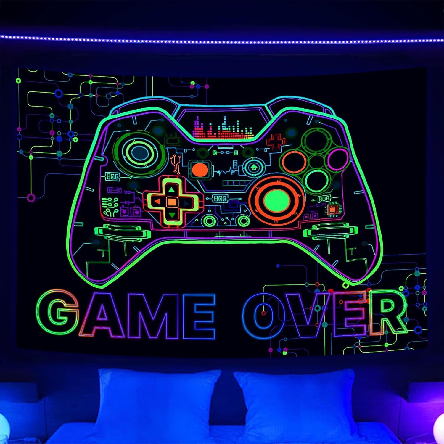 Bzhilja Blacklight Game Themed Tapestry Wall Hanging, UV Reactive Over Gaming Wall Art Tapestris for Guys Men Boys, Tapestry Wall Art for Game Room