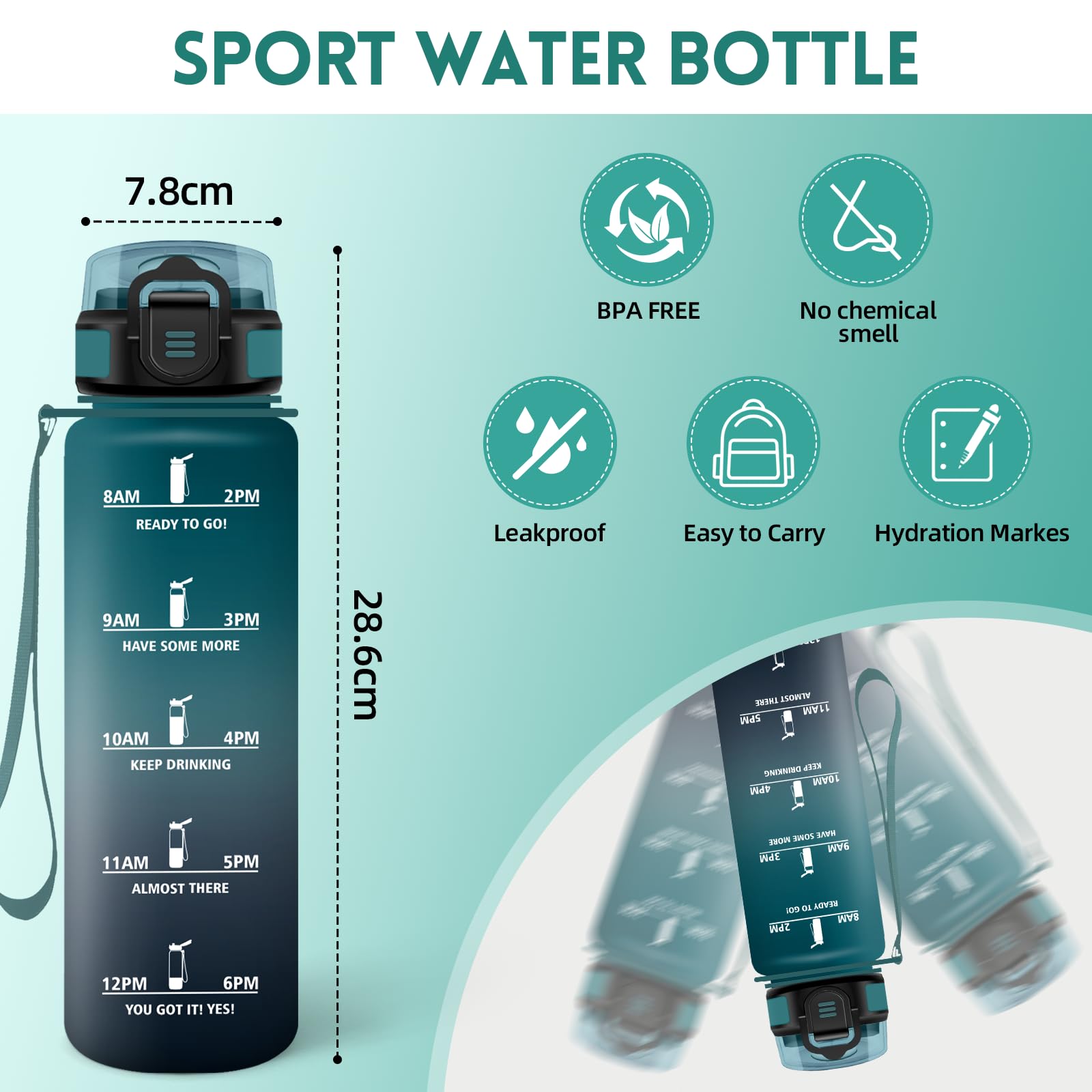 Motswedi Borraccia 1 litro,Riutilizzabile, Borraccia Motivazionale, a Prova di Perdite, Bottiglia Acqua, Senza BPA, Borracce, per Sport, Ufficio, Ciclismo, Palestra, Verde&Grigio