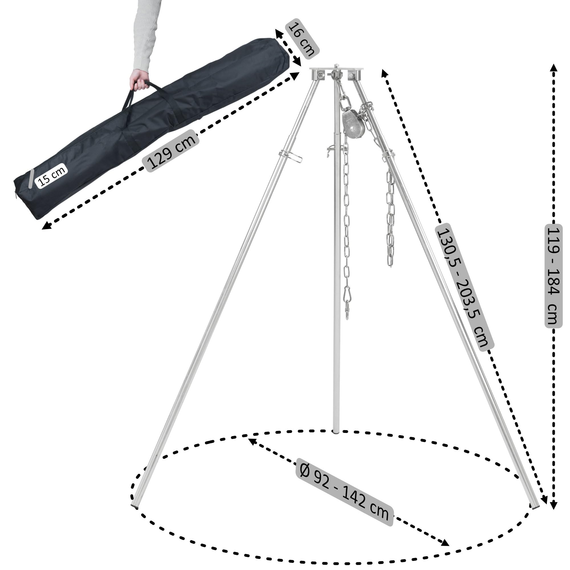 BBQ-Toro Barbacoa giratoria con bolsa de transporte, acero inoxidable, altura regulable 119-184 cm, trípode de acero inoxidable, parrilla giratoria sin brasero, barbacoa de jardín, giratoria, parrilla