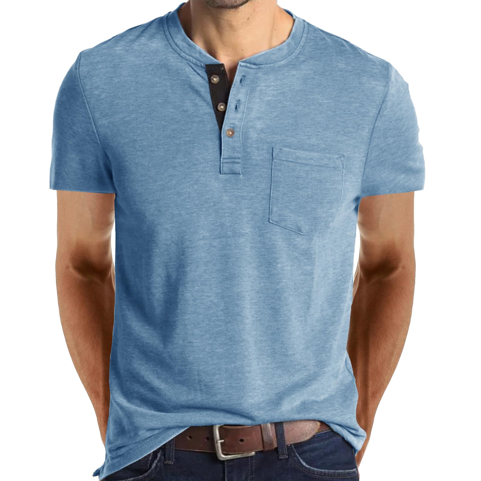 Henley Long Sleeve Shirt for Men Lightweight Casual 3 Button Tees Tops Cotton Classic Work Blend T-Shirts with Pocket