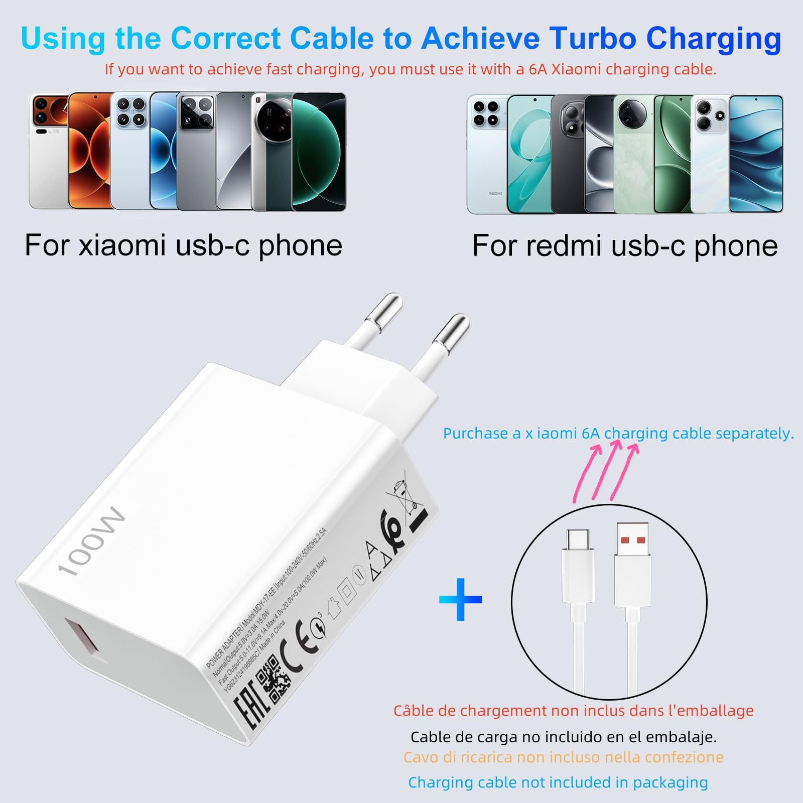 HyperCharge 100W Charger for Xiaomi 17 Pro Max, 90W 67W USB