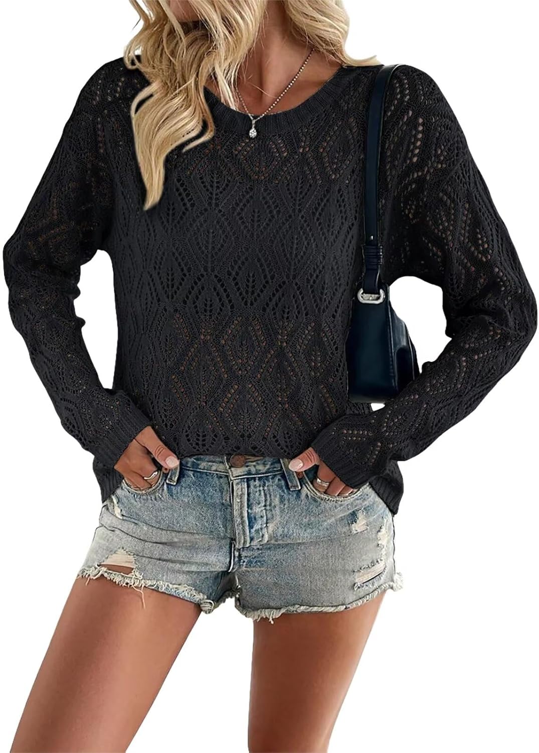 Allimy Women's Crewneck Crochet Lightweight Knit Spring Sweaters for Women Trendy 2026