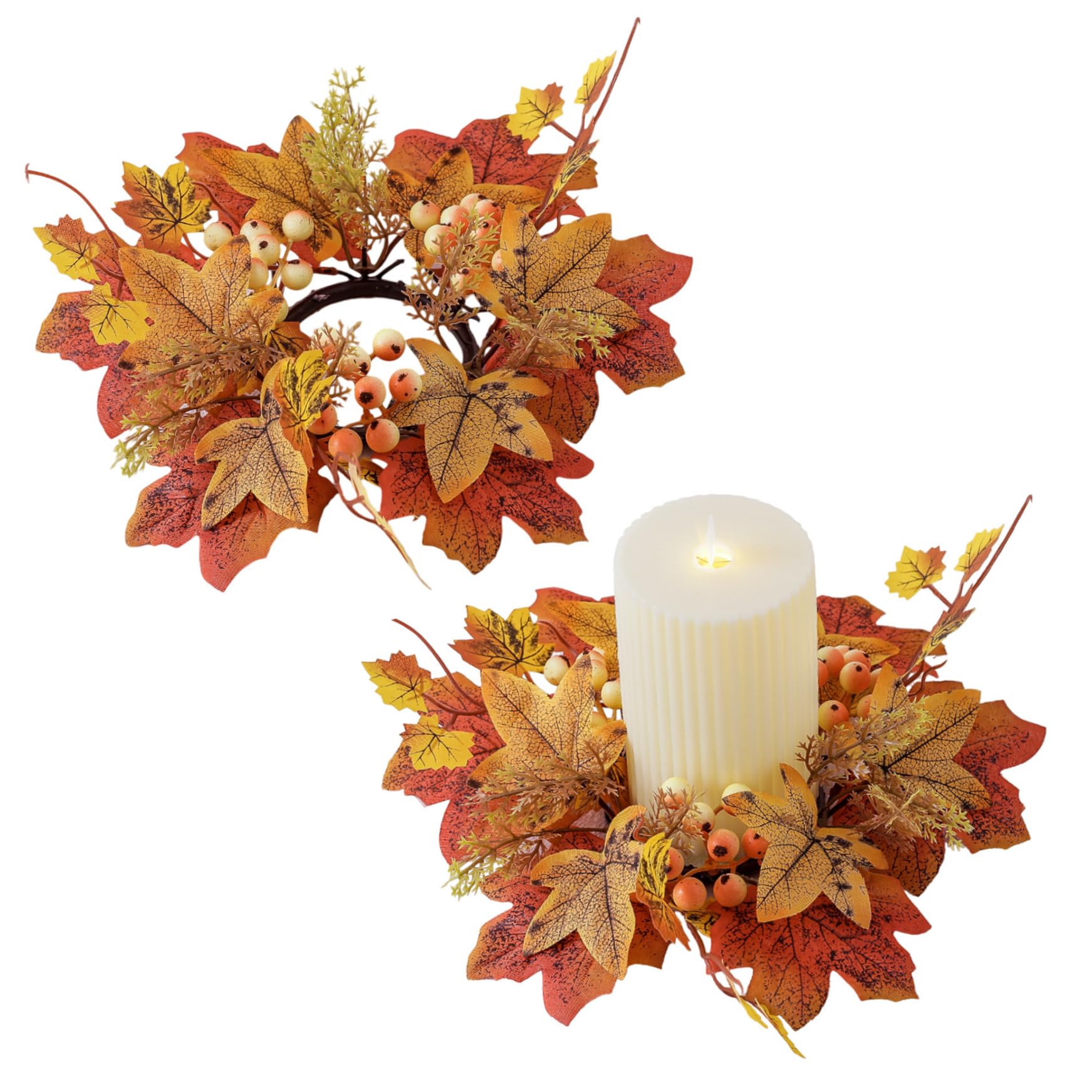 2Pcs 9.8" Autumn Candle Ring Wreath, Artificial Maple Leaf Thanksgiving Candle Holder Decor
