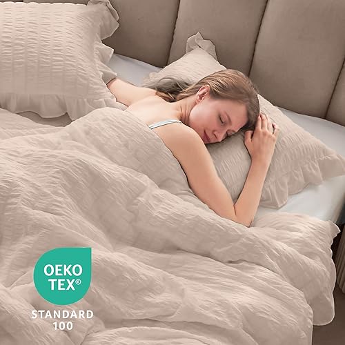 Miniatura 248 de JOLLYVOGUE - Juego de edredón tamaño queen, de 3 piezas, estilo seersucker, ligero y esponjoso para todas las estaciones, con 1 edredón con volantes