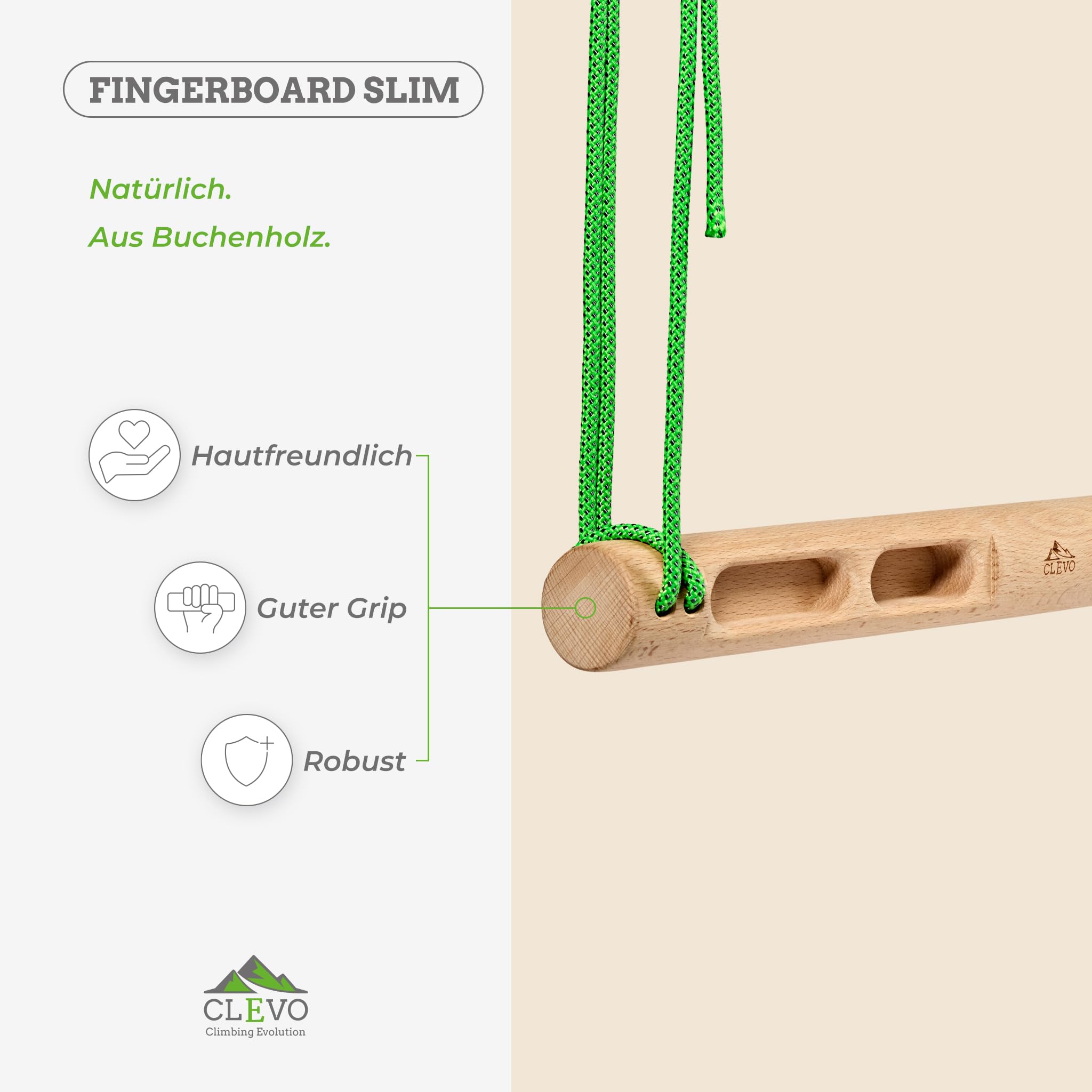 Clevo - Fingerboard Slim – Hangboard für Klettertraining & Bouldern – Kompaktes Trainingsboard für Fingerkraft – Griffbrett Holz mit Seilaufhängung – Boulder Zubehör für Indoor & Outdoor