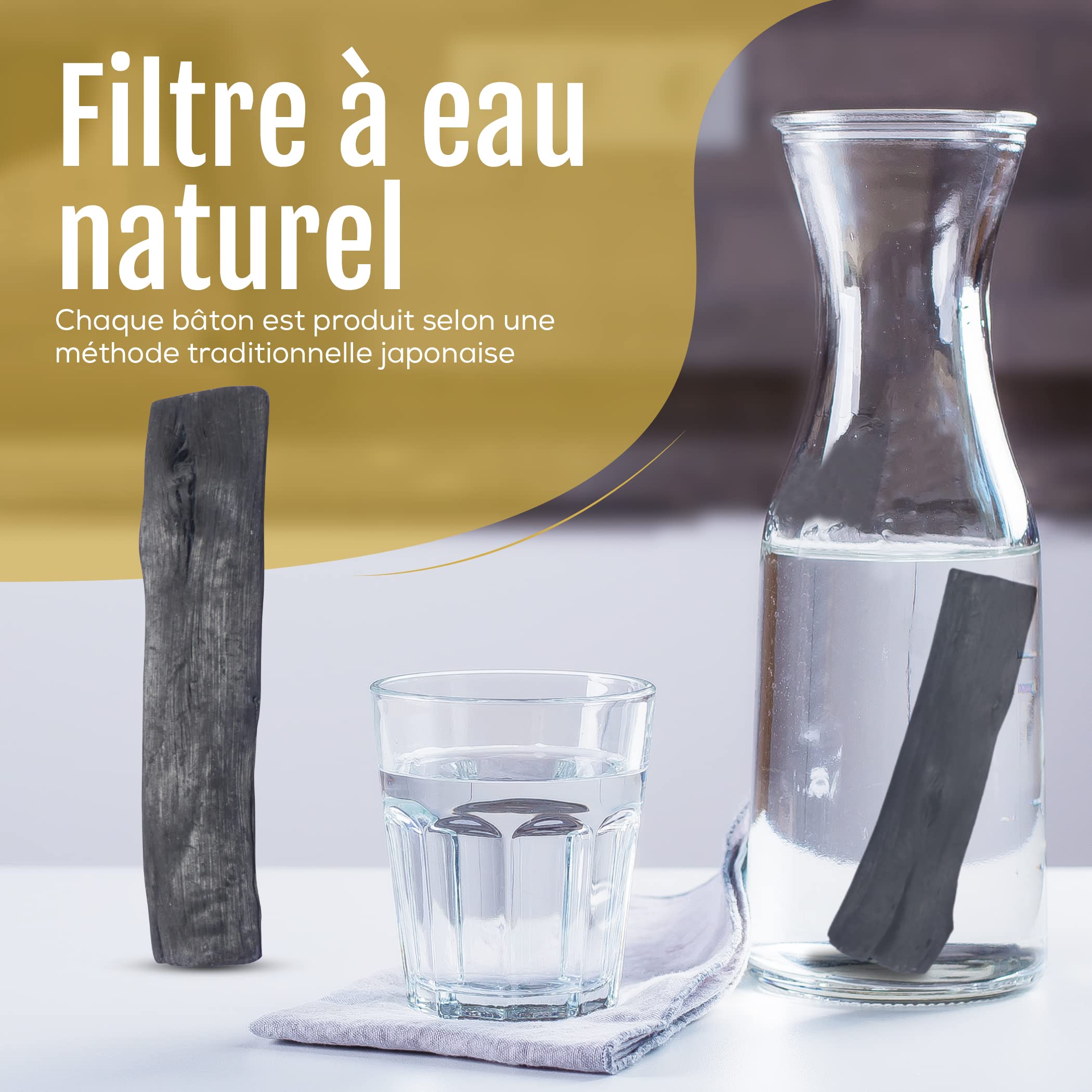 Binchotan Charbon Attivo, ecologico, Purificatore d'acqua, 4 x 25 g, Ogni Baton Filtro Circa 1,5 L - Carbone di quercia di Wakayama Certificato - Ideale per filare l'acqua in caraffa