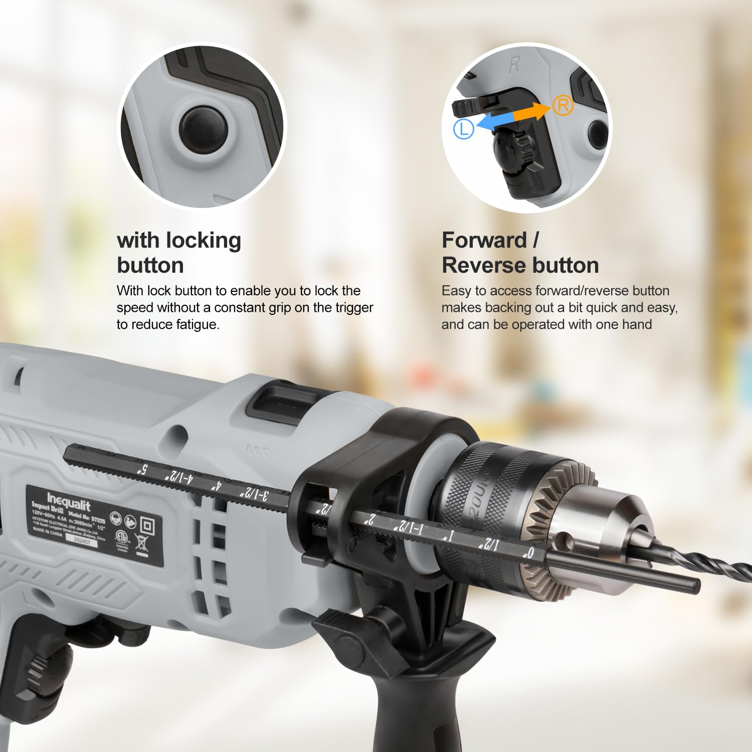 Trapano a percussione con cavo, 4,5 Amp, 0-3000 giri/min, mandrino da 1/2", set di accessori da 105 pezzi, controllo della velocità regolabile, manico girevole a 360°, profondimetro e
