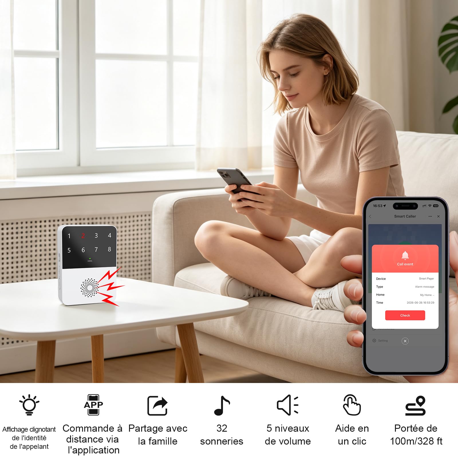 Bouton d'appel d'urgence WiFi, Alarme Personne pour Personnes Agées, Enfants, Patients, Femmes Enceintes(2 Boutons d'appel SOS, 1 Bracelet SOS, 1 Récepteur)