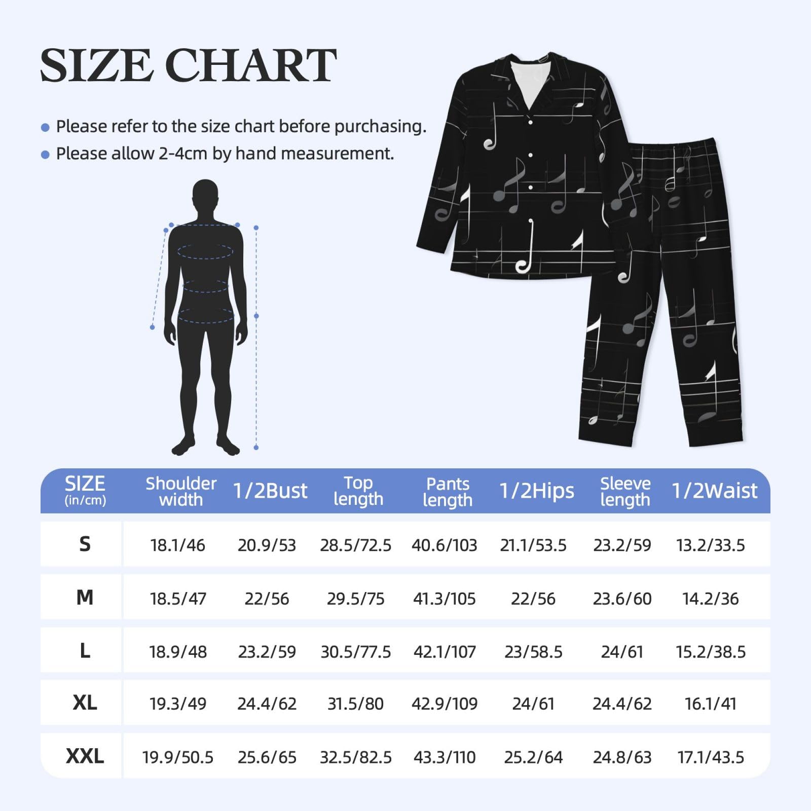 Herren-Pyjama-Set, langärmelig, mit Musiknoten-Aufdruck, zweiteilig, bequem, Nachtwäsche, Schwarz