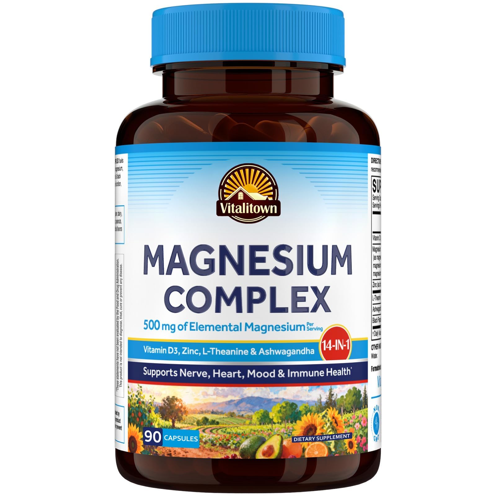 Vitalitown Magnesium Complex for Women & Men, Magnesium Glycinate, Citrate, Malate & Taurate, 14-in-1, Vitamin D3, Zinc, L-Theanine, Ashwagandha, Mood, Immune, Heart Health, 90 Capsules