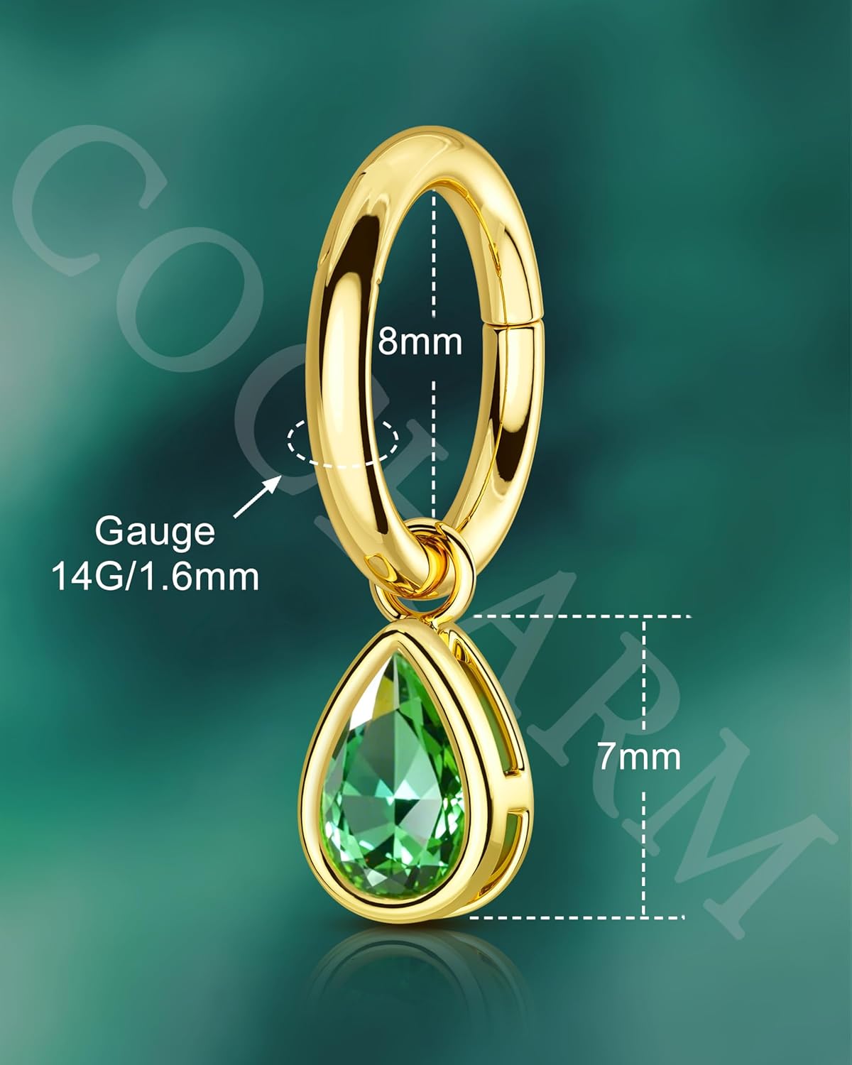 COCHARM 14G Clicker Belly Button Rings Gold Plated Belly Navel Rings for Women Dangle Green CZ Belly Navel Piercing Jewelry Stainless Steel - Image 3