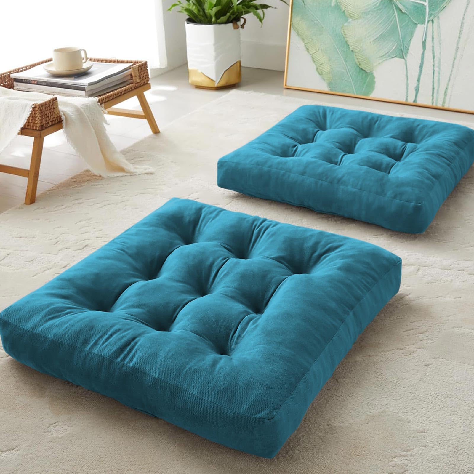 DAWNTREES 2 Pack Seating for Adults,Tufted Corduroy Floor Cushions for Living Room Tatami Blue, Blue-square-2pack