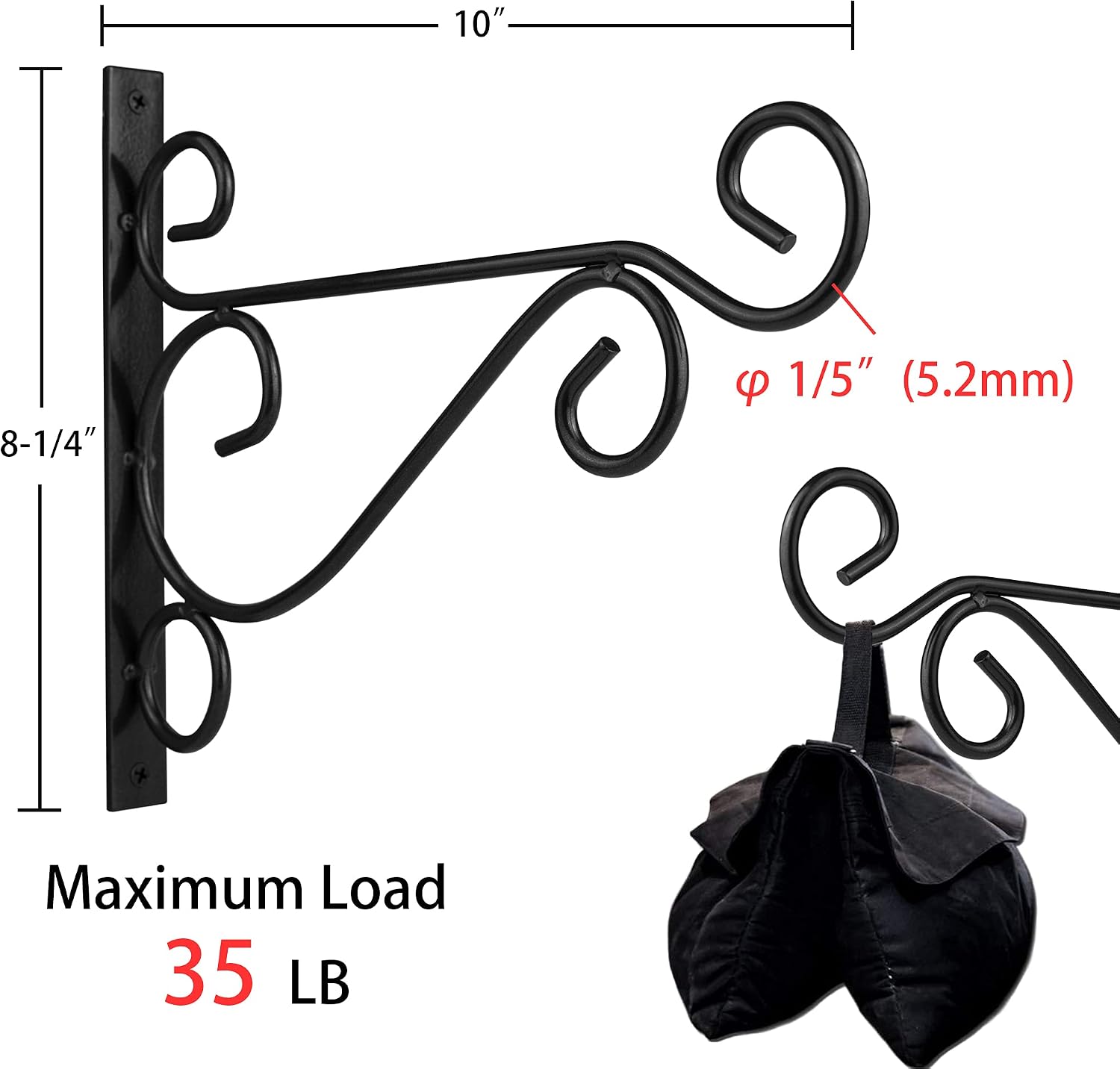 BEHENO 10 inches Plant Hanger Bracket, 2-Pack Wall Mount Hooks for Hanging Plant Indoor/Outdoor, Include Professional Drywall Anchors (5.2mm Steel Rod, Black)