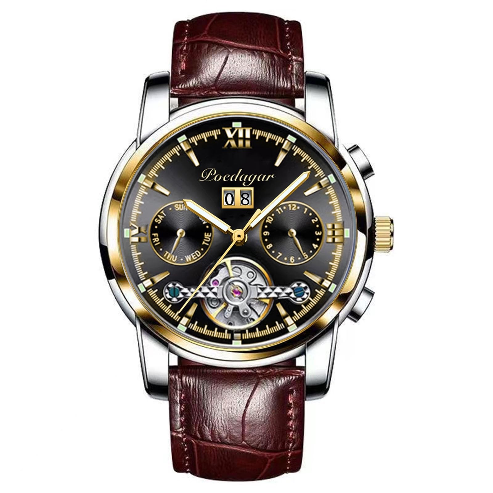 RORIOS Orologio Uomo Automatico Meccanico Orologio con Cinturino in Pelle Orologio Luminoso Pointer Impermeabile Tourbillon Orologio da Polso