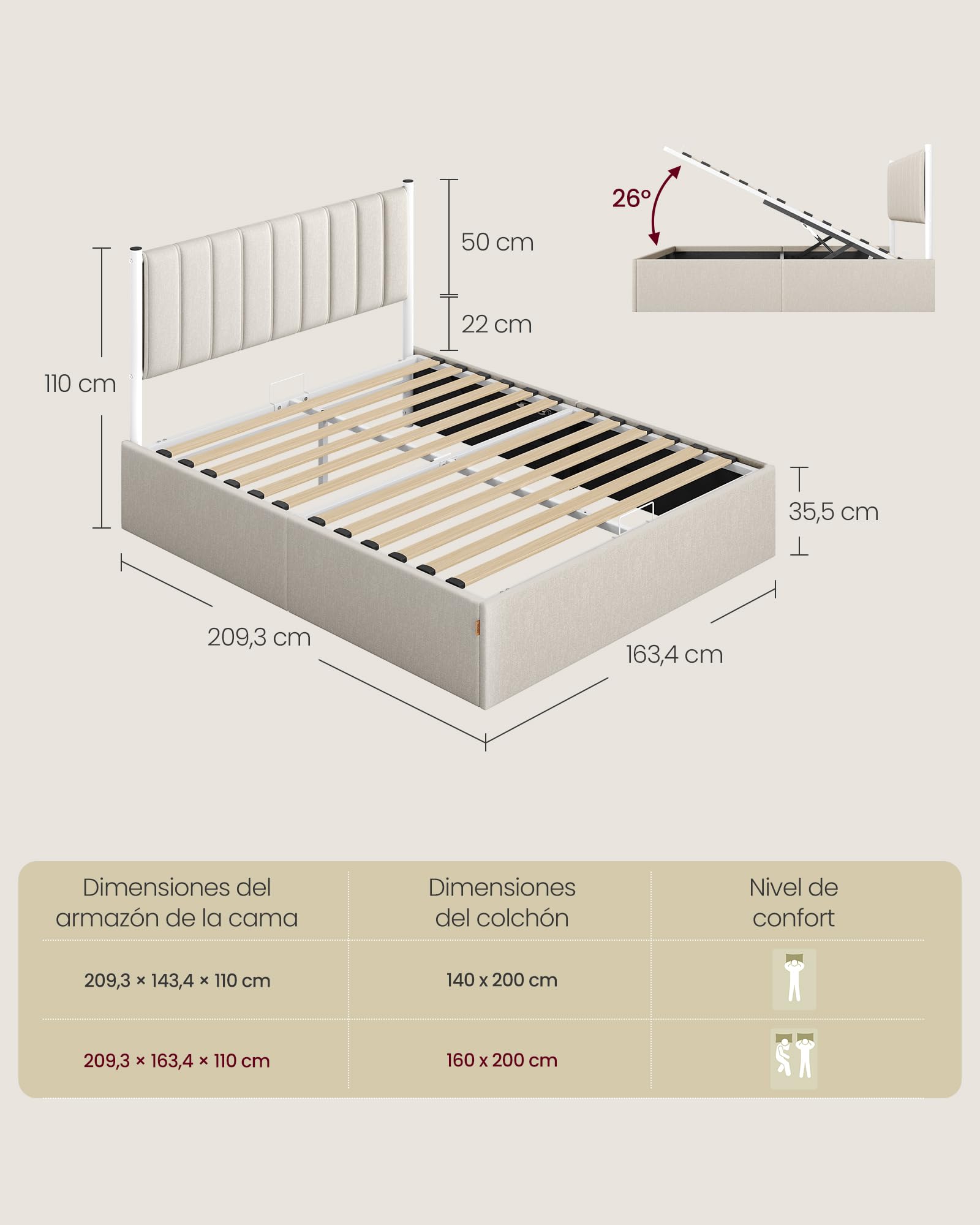 VASAGLE Estructura de Cama, 160 x 200 cm, Cama Elevable, 2 Personas, con Almacenaje, Cabecero, Sistema Hidráulico, Moderno y Minimalista, Fácil Montaje, Beige Capuchino RMB615LH01 - 2