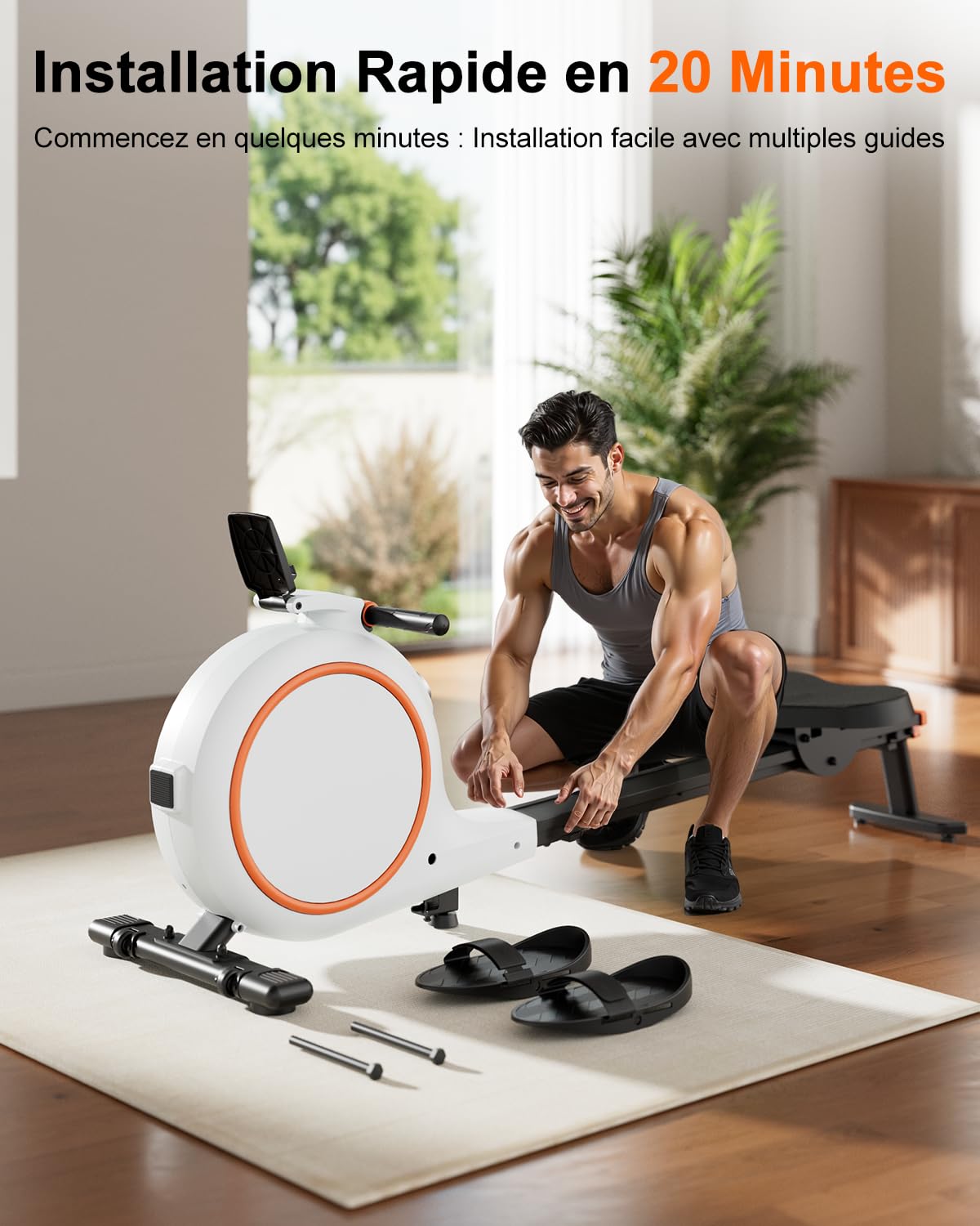Superun Rameur avec 32 Niveaux de Résistance Magnétique Silencieuse, Rameur Cardio pour La Salle de Gym à Domicile, avec Écran LCD, Compatible APP