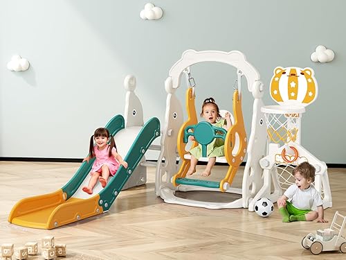 Juego de tobogán para niños pequeños, 6 en 1, mejora con tobogán, columpio, fútbol y lanzamiento de anillos para niños de 1 a 3 años, parque