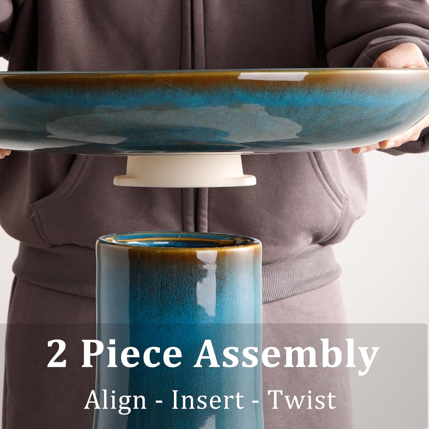 Ceramic Bird Bath for Outside, 19.7 Inch Tall Outdoor Birdbath, Reactive Glaze Bird Baths with Detachable Large Bowl for Outdoors, Garden, Floor, Balcony, and Lawn