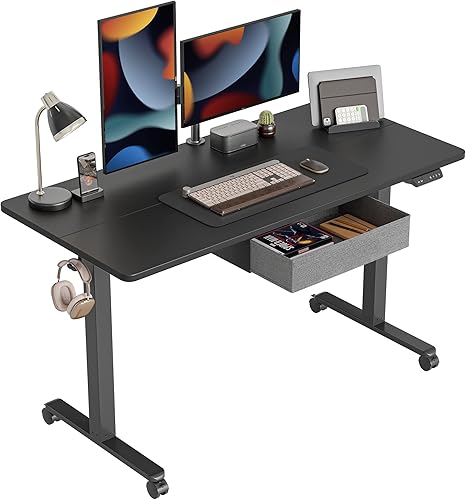 Vista 7 de CubiCubi Escritorio de pie con cajón, escritorio eléctrico de altura ajustable de 55 x 24 pulgadas, estación de trabajo ergonómica para computadora